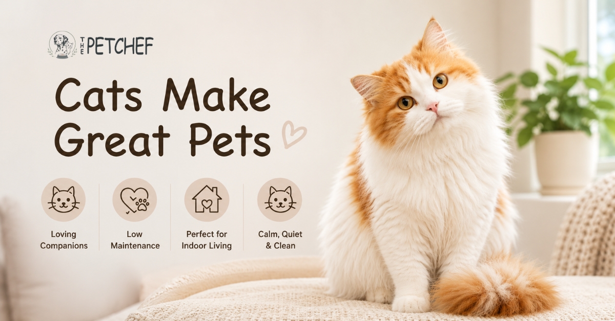 Cats Make Great Pets: Healthy indoor cat relaxing at home with a happy family, showing the benefits of owning a cat.