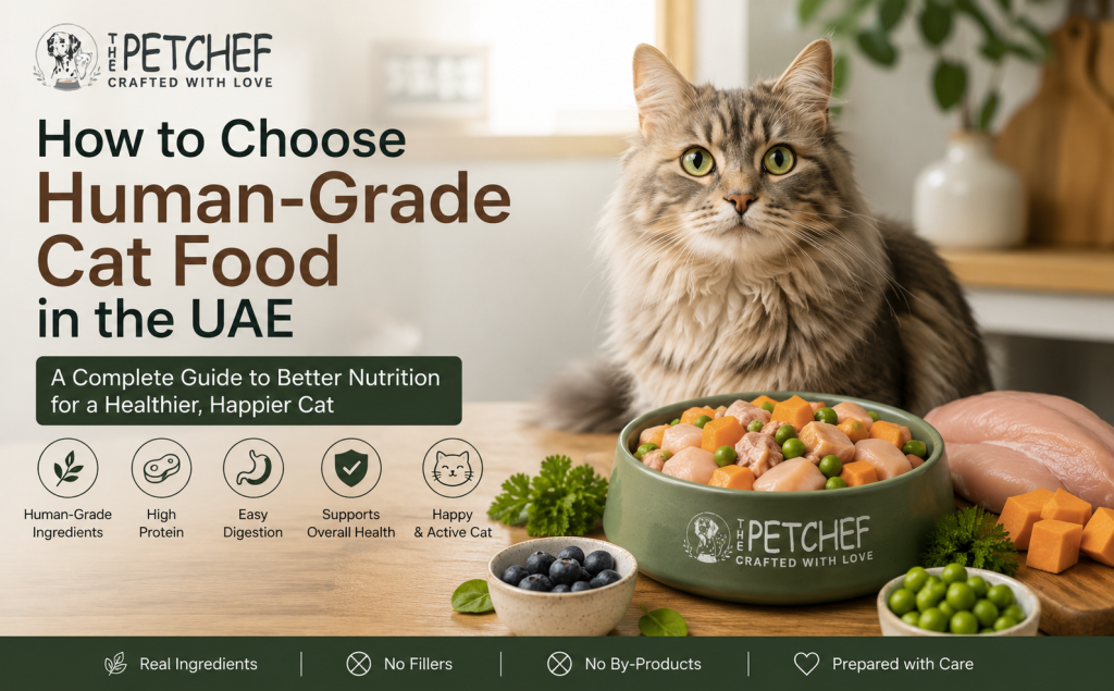 Long-haired cat beside a bowl of human-grade cat food made with fresh chicken and vegetables, illustrating how to choose human-grade cat food in the UAE.