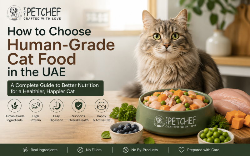 Long-haired cat beside a bowl of human-grade cat food made with fresh chicken and vegetables, illustrating how to choose human-grade cat food in the UAE.