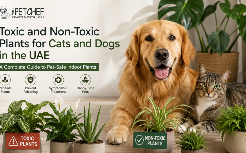 Golden Retriever and tabby cat surrounded by pet-safe and toxic indoor plants illustrating toxic and non-toxic plants for cats and dogs in the UAE.